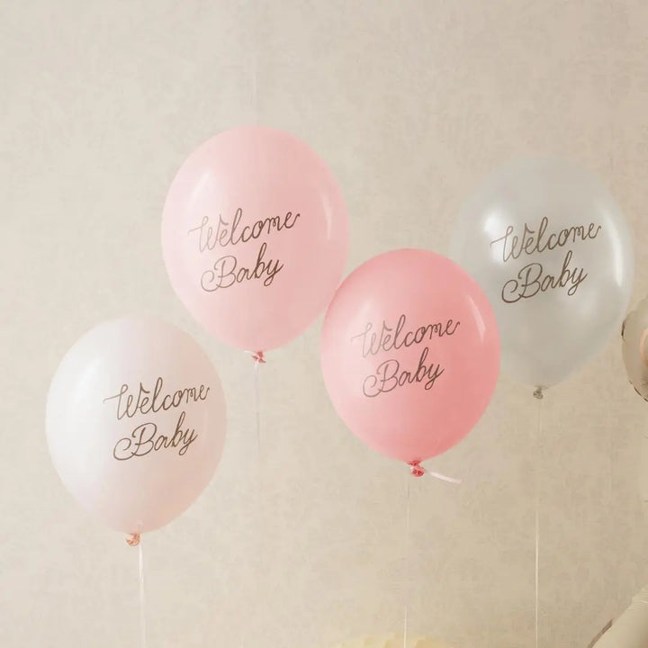 6 x Welcome Baby Balloons - Pink & White With Gold Script - Gender Neutral Baby Shower Decor - Newborn Party Supplies - 4 Colour Pack - Jolie Fete UK