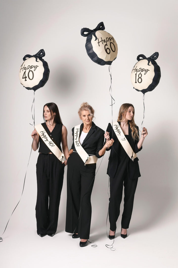 60th Birthday Balloon – Black & Cream Happy 60 Foil Balloon - Coquette Theme With Scallop Edge And Bow - Inflate With Helium Or Air - Jolie Fete UK