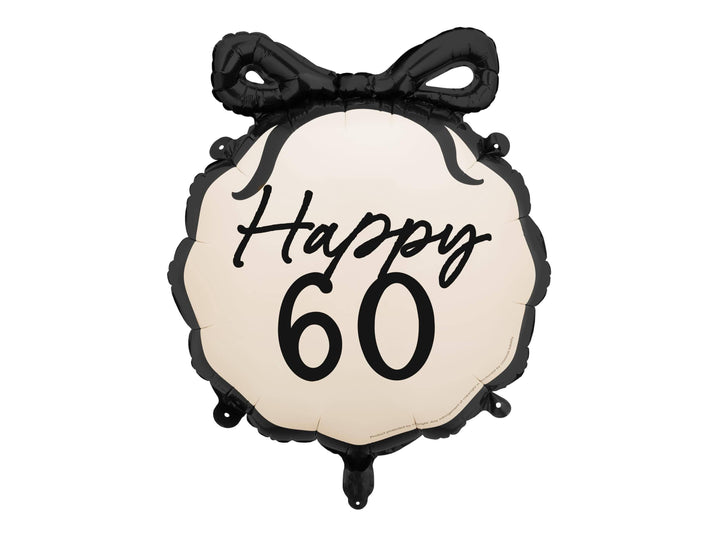 60th Birthday Balloon – Black & Cream Happy 60 Foil Balloon - Coquette Theme With Scallop Edge And Bow - Inflate With Helium Or Air - Jolie Fete UK