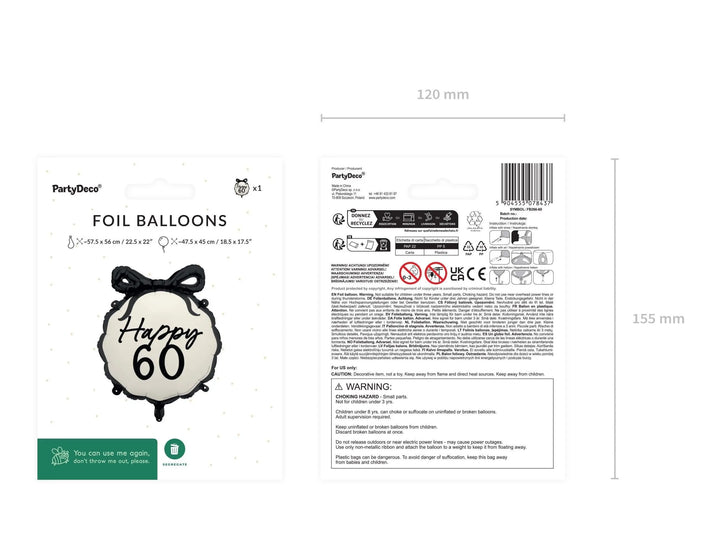 60th Birthday Balloon – Black & Cream Happy 60 Foil Balloon - Coquette Theme With Scallop Edge And Bow - Inflate With Helium Or Air - Jolie Fete UK