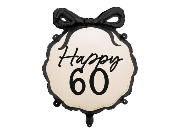 60th Birthday Balloon – Black & Cream Happy 60 Foil Balloon - Coquette Theme With Scallop Edge And Bow - Inflate With Helium Or Air - Jolie Fete UK