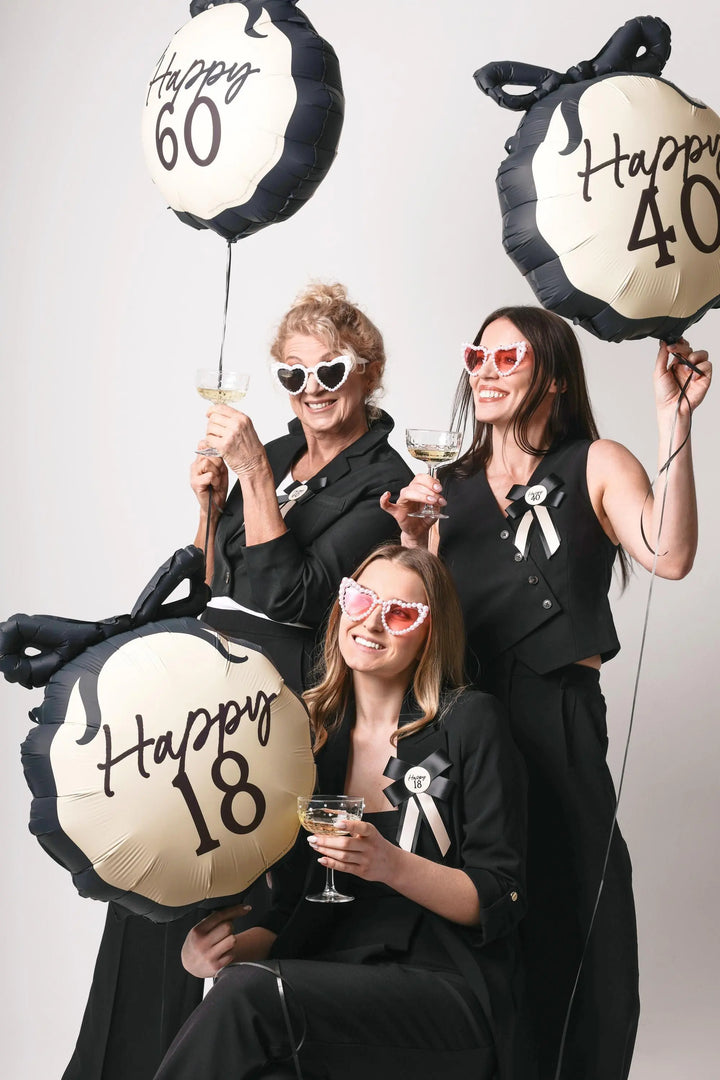 60th Birthday Balloon – Black & Cream Happy 60 Foil Balloon - Coquette Theme With Scallop Edge And Bow - Inflate With Helium Or Air - Jolie Fete UK