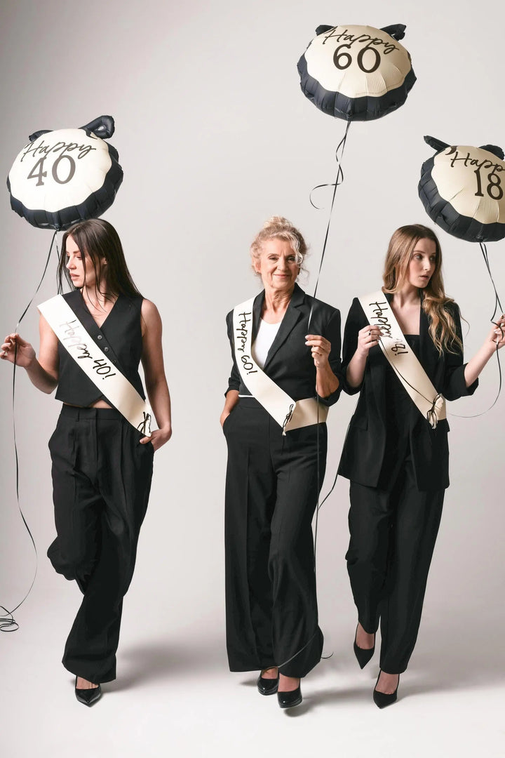 60th Birthday Balloon – Black & Cream Happy 60 Foil Balloon - Coquette Theme With Scallop Edge And Bow - Inflate With Helium Or Air - Jolie Fete UK