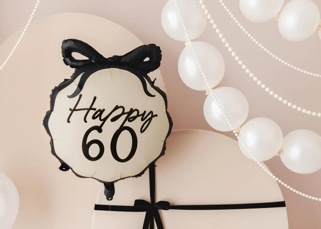 60th Birthday Balloon – Black & Cream Happy 60 Foil Balloon - Coquette Theme With Scallop Edge And Bow - Inflate With Helium Or Air - Jolie Fete UK