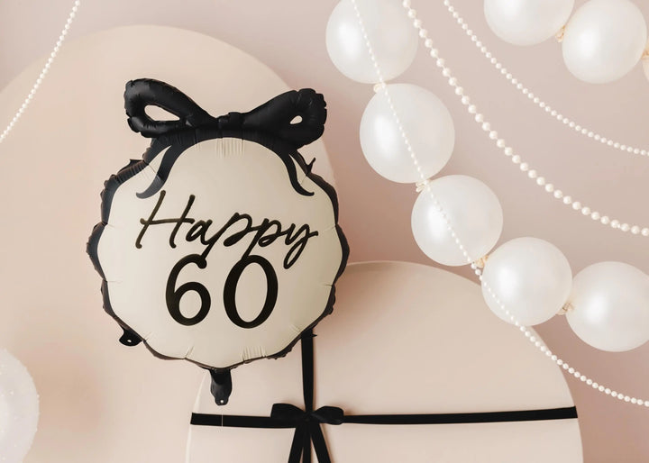 60th Birthday Balloon – Black & Cream Happy 60 Foil Balloon - Coquette Theme With Scallop Edge And Bow - Inflate With Helium Or Air - Jolie Fete UK