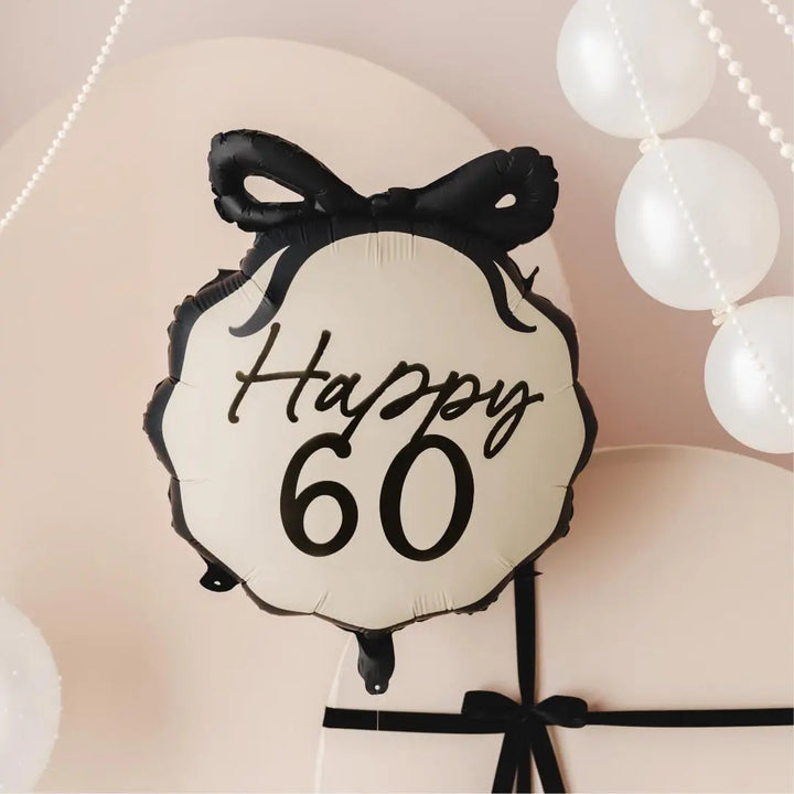 60th Birthday Balloon – Black & Cream Happy 60 Foil Balloon - Coquette Theme With Scallop Edge And Bow - Inflate With Helium Or Air - Jolie Fete UK