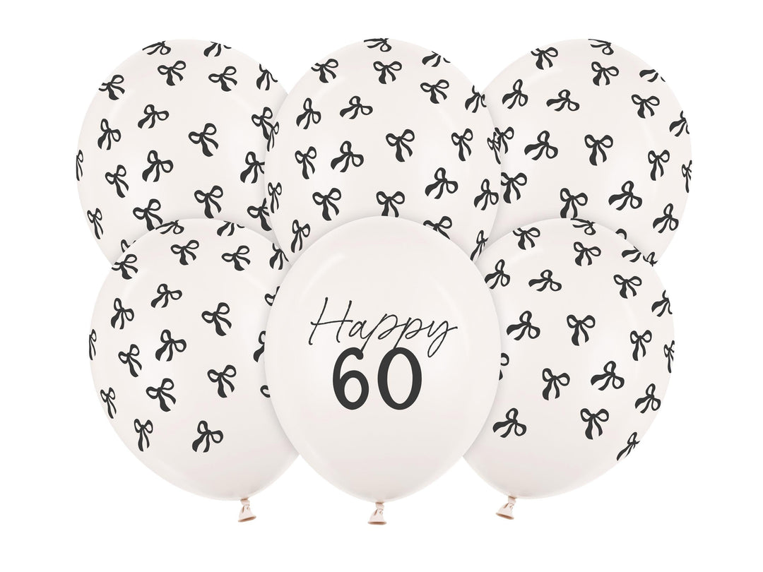 60th Birthday Balloons - Black Bows & Off White Happy 60 Balloon Pack - Coquette Theme - Inflate With Helium Or Air - Pack Of 6 - Jolie Fete UK