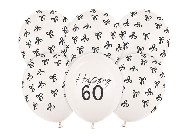 60th Birthday Balloons - Black Bows & Off White Happy 60 Balloon Pack - Coquette Theme - Inflate With Helium Or Air - Pack Of 6 - Jolie Fete UK