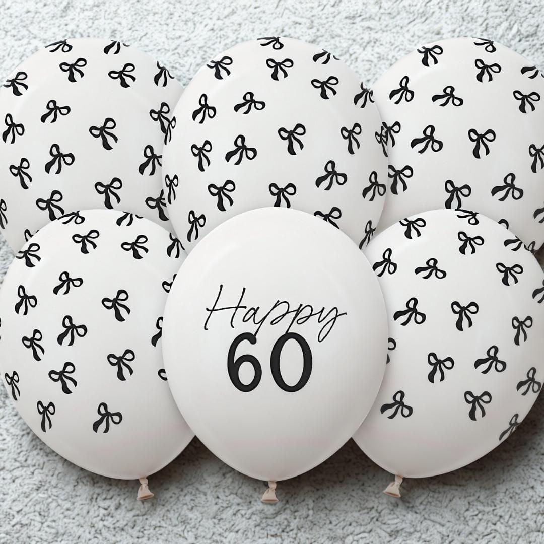 60th Birthday Balloons - Black Bows & Off White Happy 60 Balloon Pack - Coquette Theme - Inflate With Helium Or Air - Pack Of 6 - Jolie Fete UK
