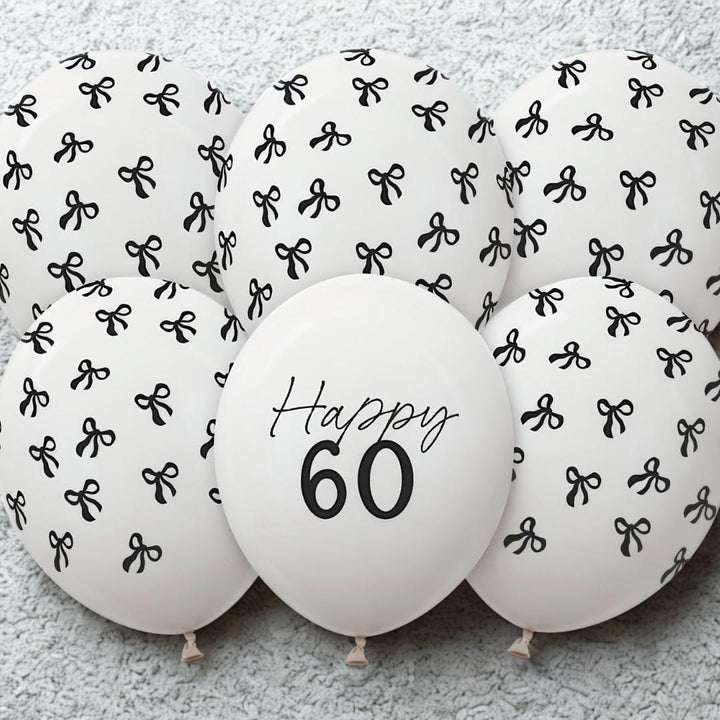 60th Birthday Balloons - Black Bows & Off White Happy 60 Balloon Pack - Coquette Theme - Inflate With Helium Or Air - Pack Of 6 - Jolie Fete UK