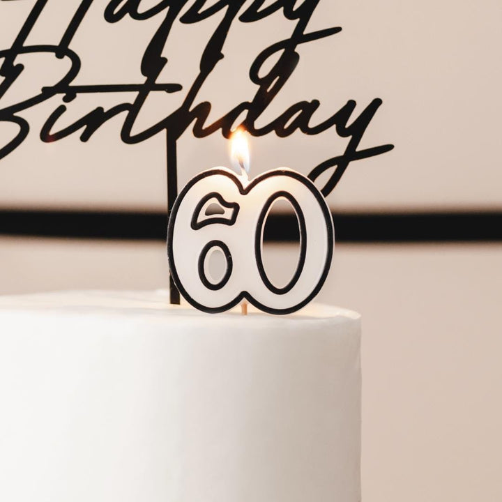 60th Birthday Cake Candle – Milestone Number Candle - Monochrome Black & White - Modern Cake Topper For 60 Birthday Party - Cake Decoration - Jolie Fete UK