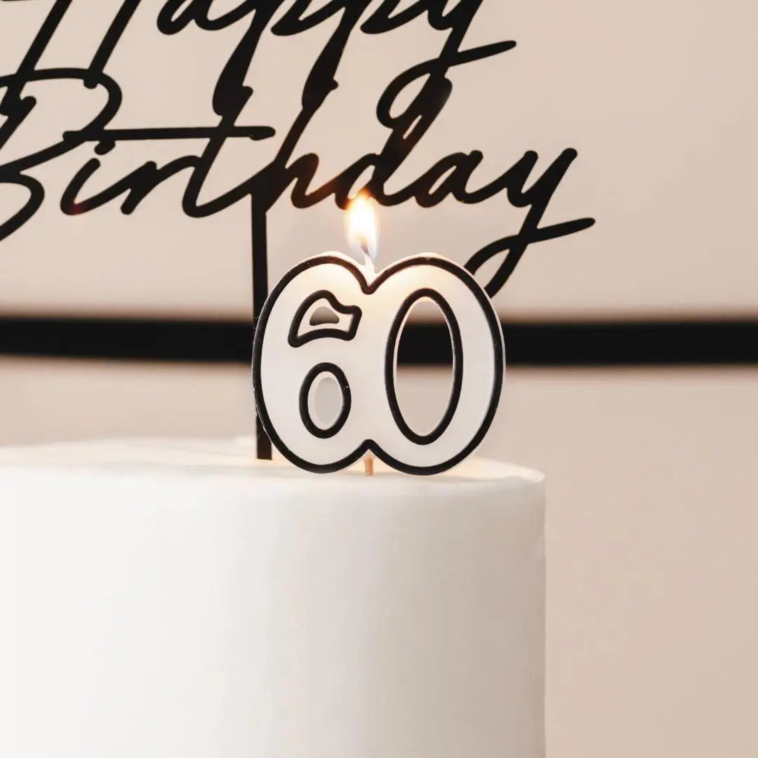 60th Birthday Cake Candle – Milestone Number Candle - Monochrome Black & White - Modern Cake Topper For 60 Birthday Party - Cake Decoration - Jolie Fete UK