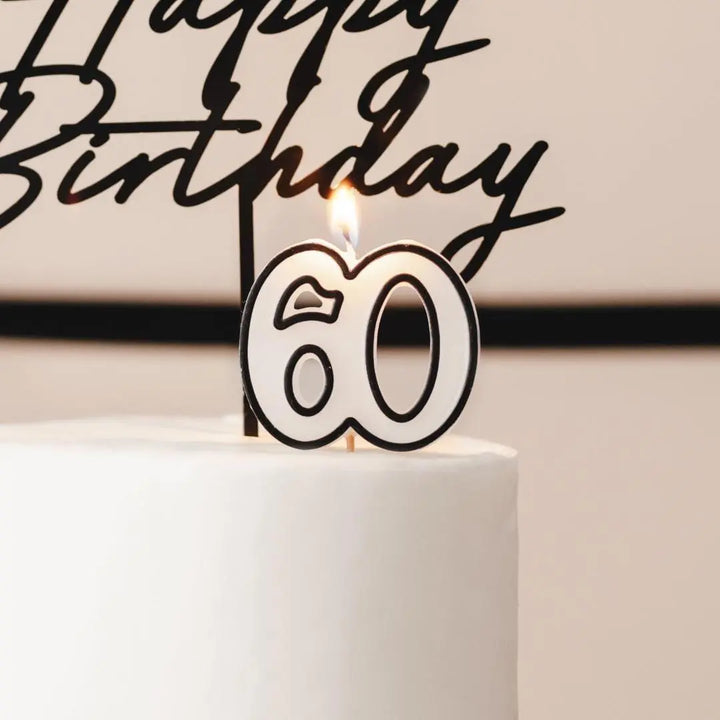 60th Birthday Cake Candle – Milestone Number Candle - Monochrome Black & White - Modern Cake Topper For 60 Birthday Party - Cake Decoration - Jolie Fete UK