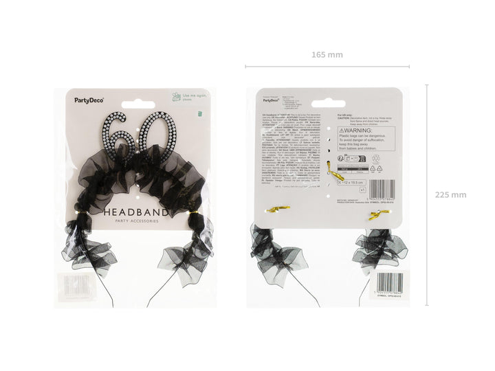 60th Birthday Headband – Black Ruffle Hairband With Pearl 60 - Luxury Birthday Crown for Sixtieth Birthday - Elegant Party Accessory - Jolie Fete UK