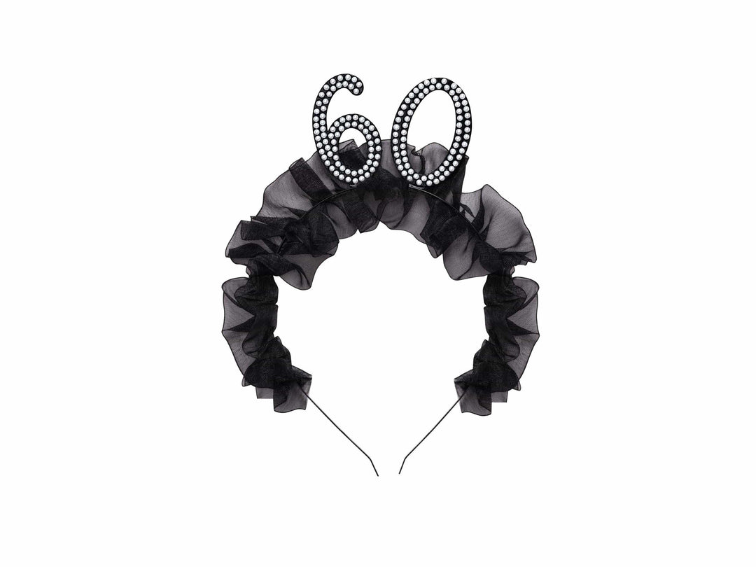 60th Birthday Headband – Black Ruffle Hairband With Pearl 60 - Luxury Birthday Crown for Sixtieth Birthday - Elegant Party Accessory - Jolie Fete UK