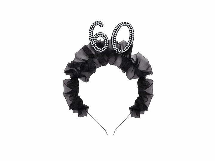60th Birthday Headband – Black Ruffle Hairband With Pearl 60 - Luxury Birthday Crown for Sixtieth Birthday - Elegant Party Accessory - Jolie Fete UK