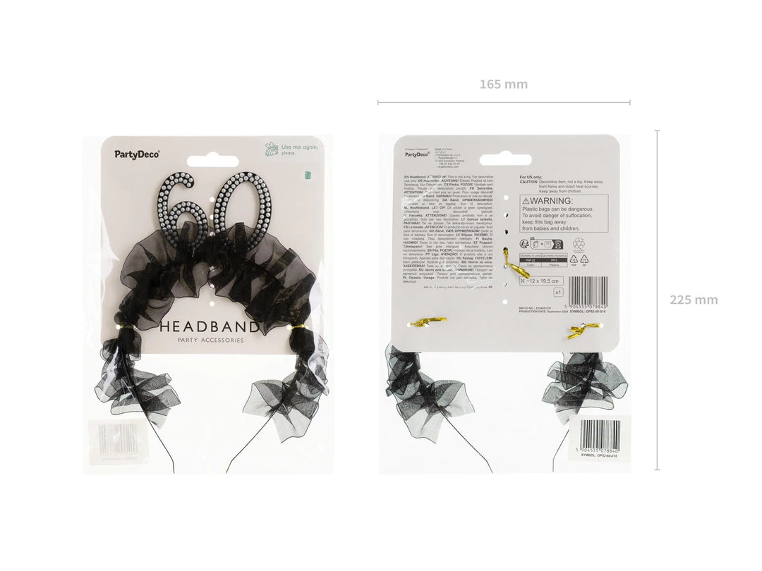 60th Birthday Headband – Black Ruffle Hairband With Pearl 60 - Luxury Birthday Crown for Sixtieth Birthday - Elegant Party Accessory - Jolie Fete UK