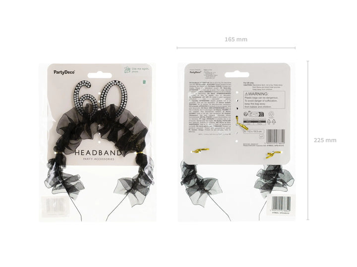 60th Birthday Headband – Black Ruffle Hairband With Pearl 60 - Luxury Birthday Crown for Sixtieth Birthday - Elegant Party Accessory - Jolie Fete UK