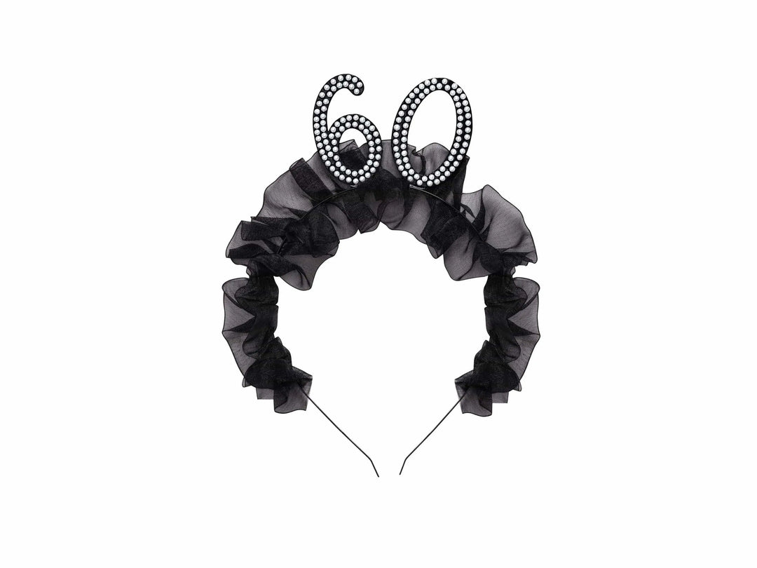 60th Birthday Headband – Black Ruffle Hairband With Pearl 60 - Luxury Birthday Crown for Sixtieth Birthday - Elegant Party Accessory - Jolie Fete UK