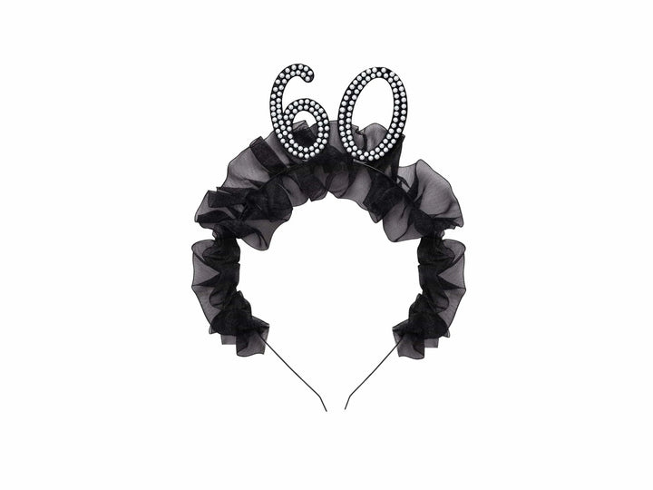 60th Birthday Headband – Black Ruffle Hairband With Pearl 60 - Luxury Birthday Crown for Sixtieth Birthday - Elegant Party Accessory - Jolie Fete UK