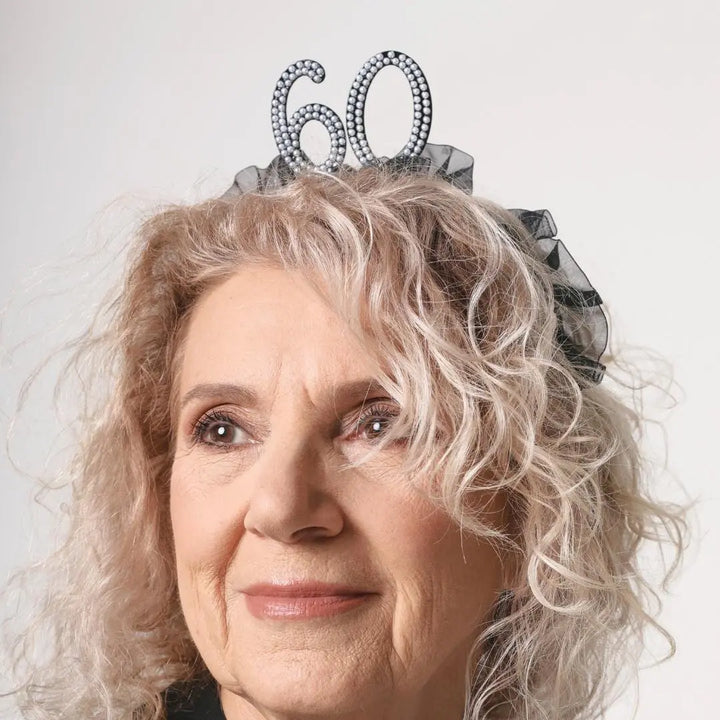 60th Birthday Headband – Black Ruffle Hairband With Pearl 60 - Luxury Birthday Crown for Sixtieth Birthday - Elegant Party Accessory - Jolie Fete UK