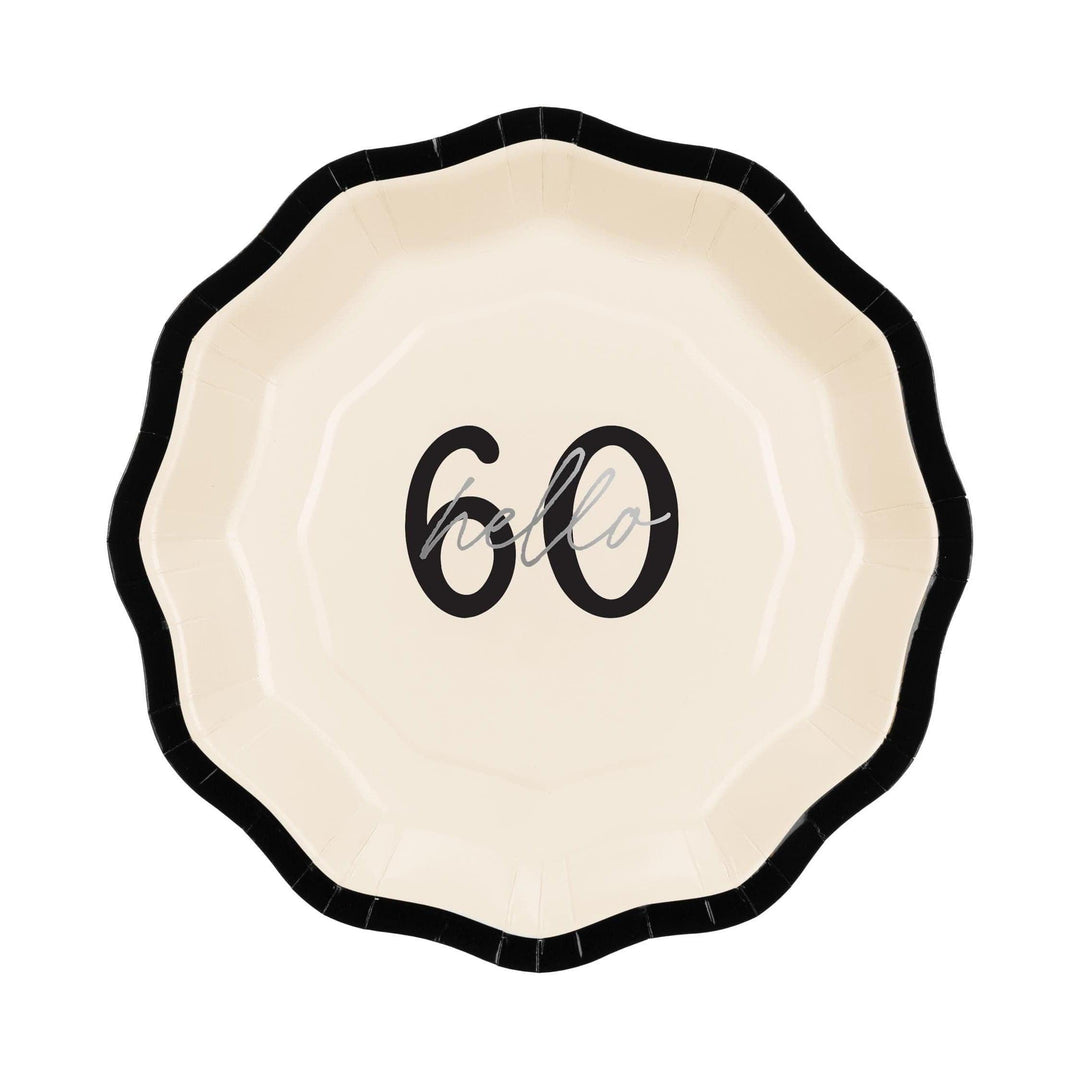 60th Birthday Paper Plates - Hello 60 Milestone Birthday-Cream & Black Party Paper Plates-Modern Party Tableware for 60th Birthday-Pack Of 6 - Jolie Fete UK