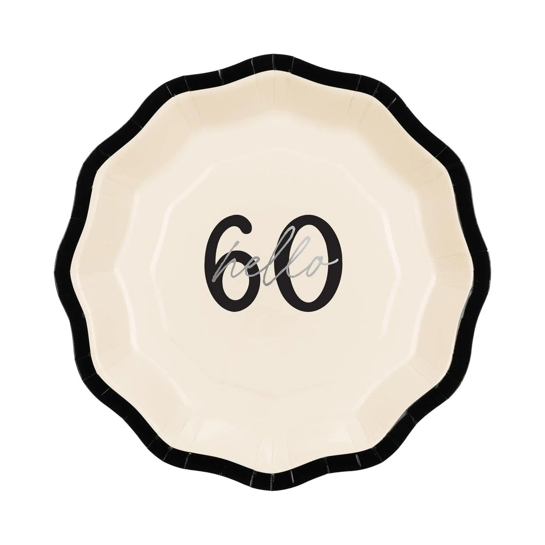 60th Birthday Paper Plates - Hello 60 Milestone Birthday-Cream & Black Party Paper Plates-Modern Party Tableware for 60th Birthday-Pack Of 6 - Jolie Fete UK