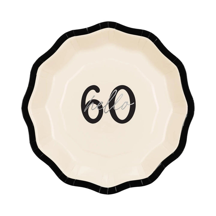 60th Birthday Paper Plates - Hello 60 Milestone Birthday-Cream & Black Party Paper Plates-Modern Party Tableware for 60th Birthday-Pack Of 6 - Jolie Fete UK