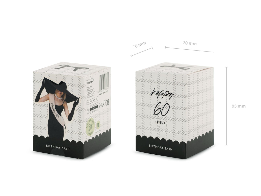 60th Birthday Sash With Velvet Ribbon – Paper Happy 60! Milestone Sash - Black Script - Black and Cream Birthday Accessory for 60th Birthday - Jolie Fete UK