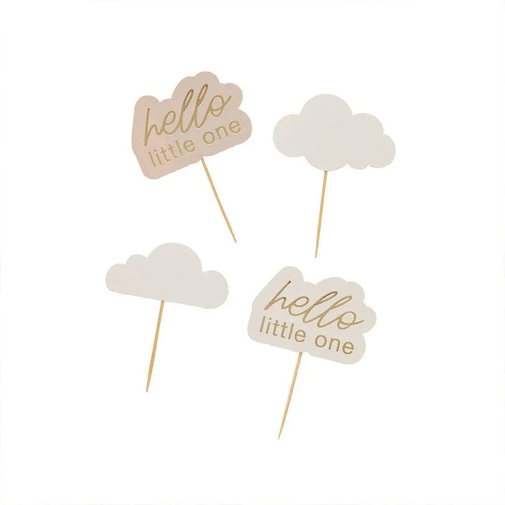 Baby Shower Cupcake Toppers - Hello Little One & Cloud Food Picks - Beige and Cream Baby Shower - Boho Neutral Cake Decorations - Pack of 12 - Jolie Fete UK