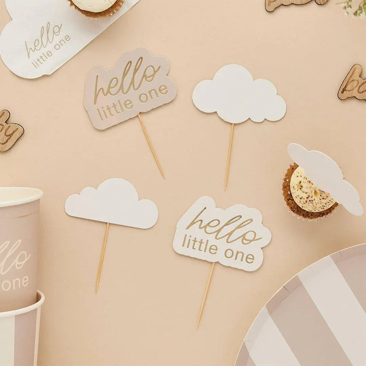 Baby Shower Cupcake Toppers - Hello Little One & Cloud Food Picks - Beige and Cream Baby Shower - Boho Neutral Cake Decorations - Pack of 12 - Jolie Fete UK