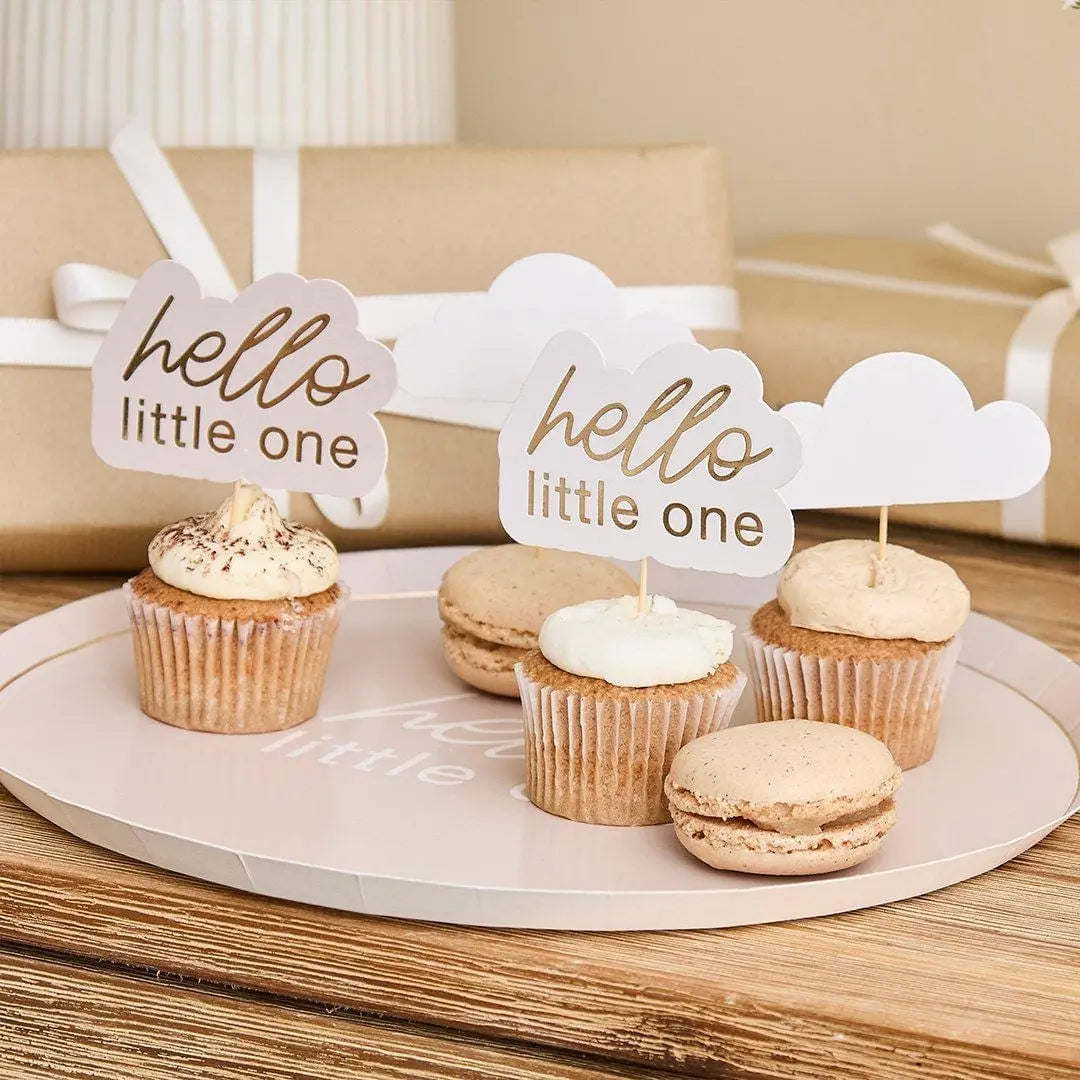 Baby Shower Cupcake Toppers - Hello Little One & Cloud Food Picks - Beige and Cream Baby Shower - Boho Neutral Cake Decorations - Pack of 12 - Jolie Fete UK