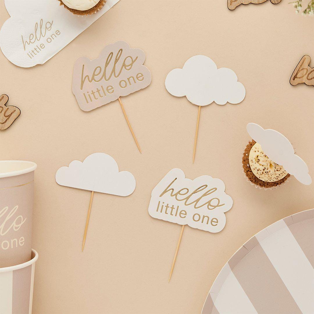 Baby Shower Cupcake Toppers - Hello Little One & Cloud Food Picks - Beige and Cream Baby Shower - Boho Neutral Cake Decorations - Pack of 12 - Jolie Fete UK