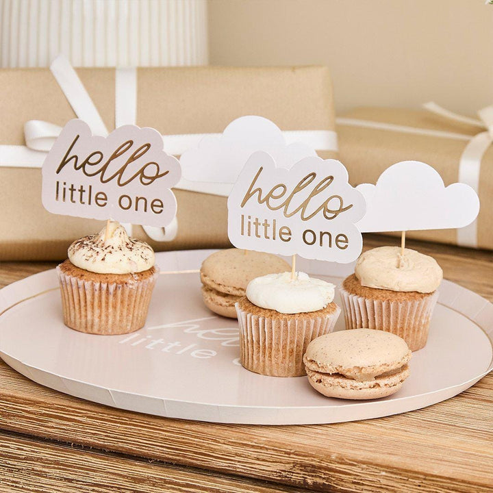 Baby Shower Cupcake Toppers - Hello Little One & Cloud Food Picks - Beige and Cream Baby Shower - Boho Neutral Cake Decorations - Pack of 12 - Jolie Fete UK