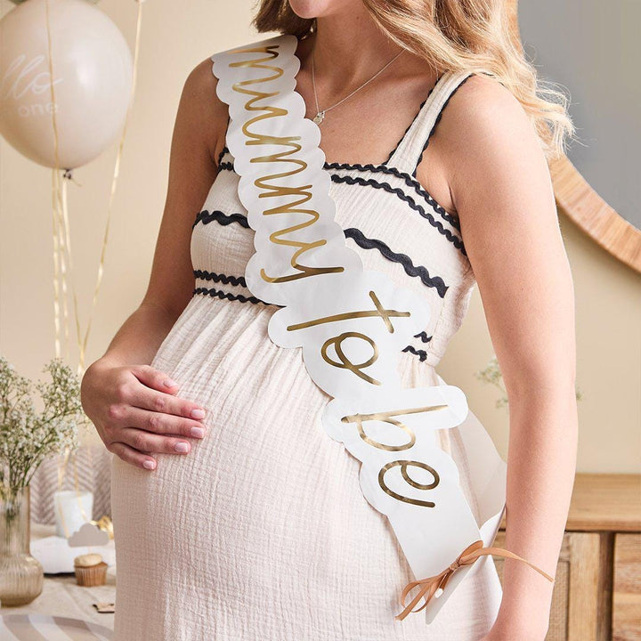 Mummy To Be Sash - Neutral Baby Shower Sash - Beige and Cream Gold Foil - Gender Neutral Baby Shower Decorations - A Little Dream - Jolie Fete UK