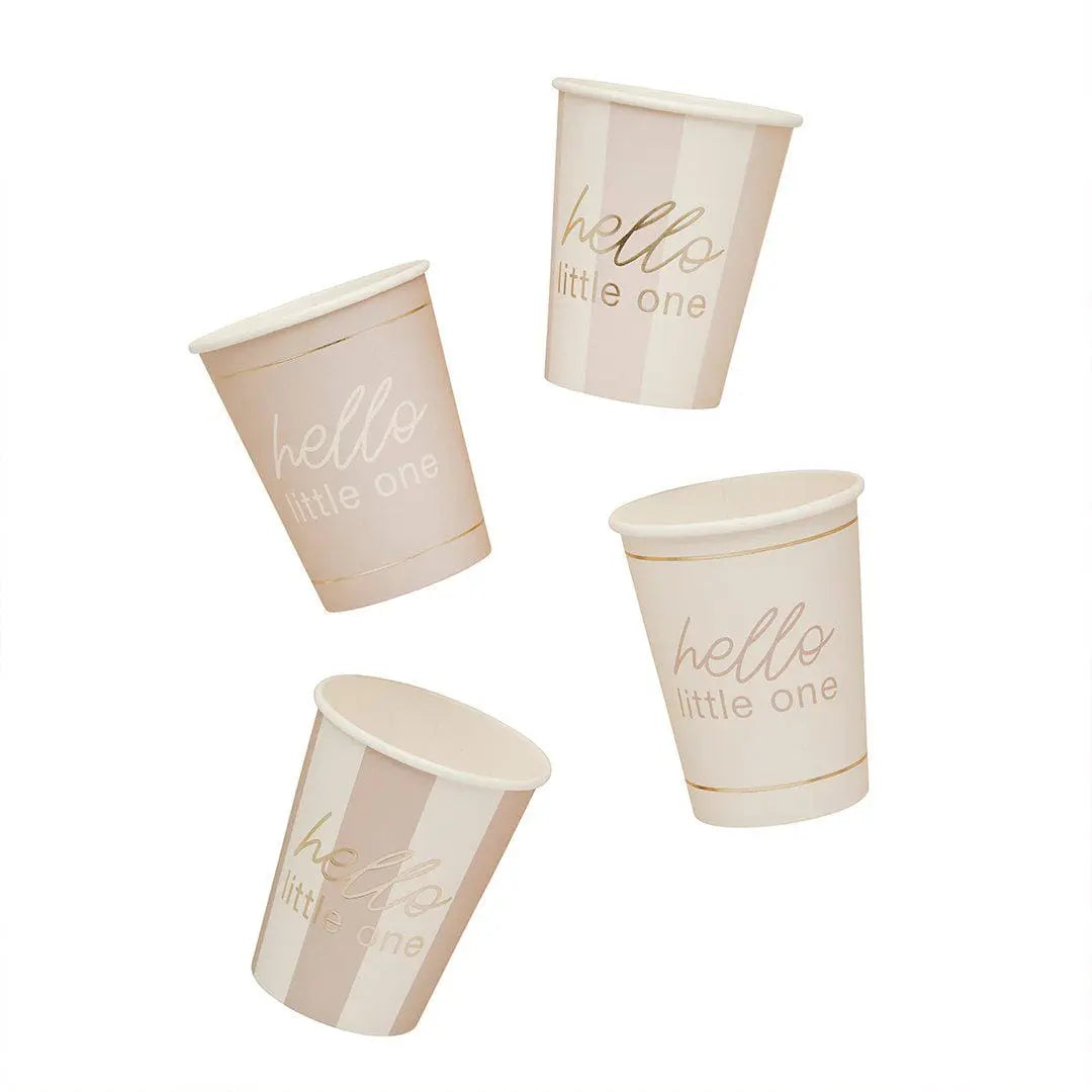 Baby Shower Cups - Hello Little One Gold Script Paper Cups - Gender Neutral Party Supplies - A Little Dream - Beige & Cream - Pack of 8 - Jolie Fete UK