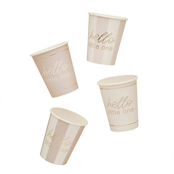 Baby Shower Cups - Hello Little One Gold Script Paper Cups - Gender Neutral Party Supplies - A Little Dream - Beige & Cream - Pack of 8 - Jolie Fete UK