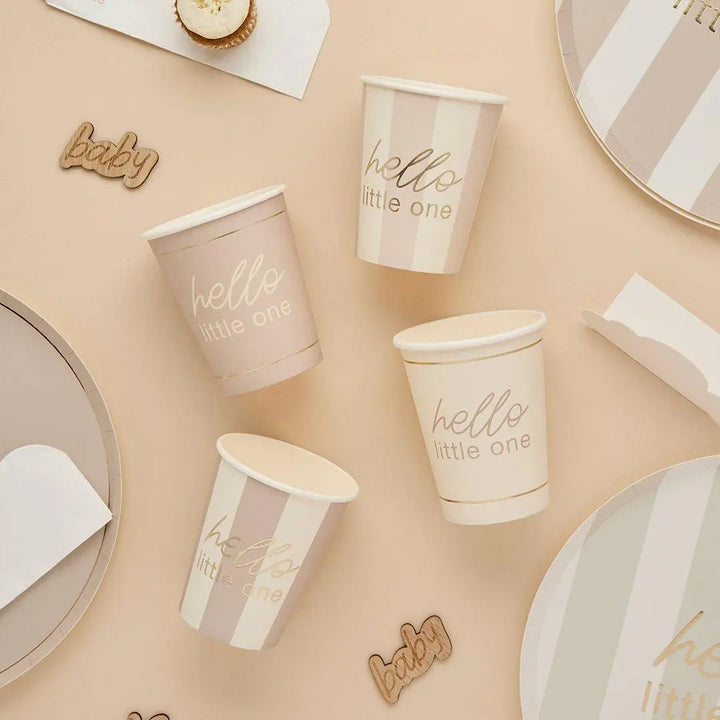 Baby Shower Cups - Hello Little One Gold Script Paper Cups - Gender Neutral Party Supplies - A Little Dream - Beige & Cream - Pack of 8 - Jolie Fete UK