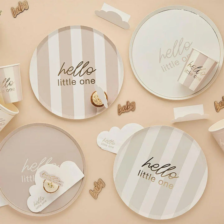 Baby Shower Plates - Hello Little One Gold Script Paper Plates - Gender Neutral Party Supplies - A Little Dream Collection - Beige-Pack of 8 - Jolie Fete UK