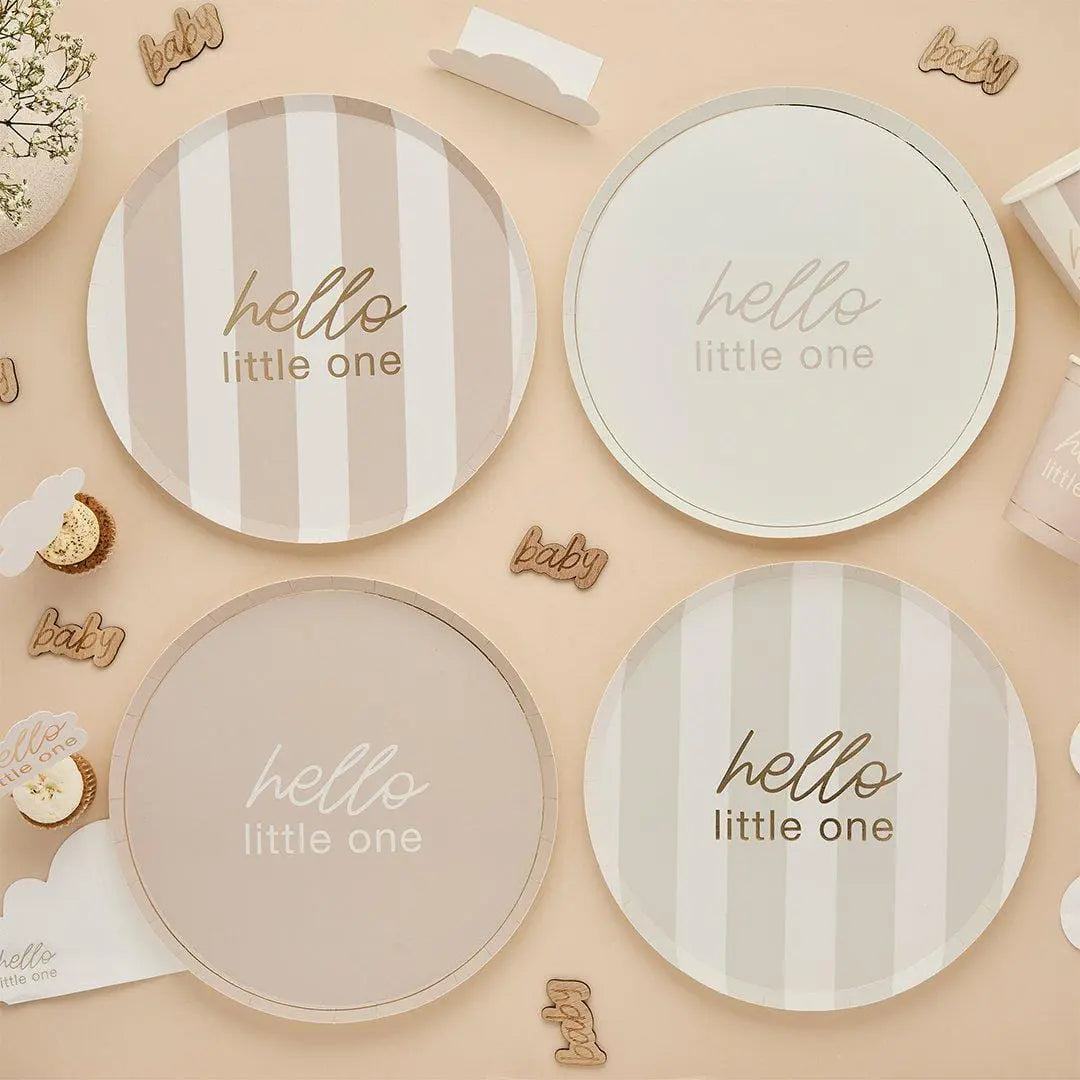 Baby Shower Plates - Hello Little One Gold Script Paper Plates - Gender Neutral Party Supplies - A Little Dream Collection - Beige-Pack of 8 - Jolie Fete UK