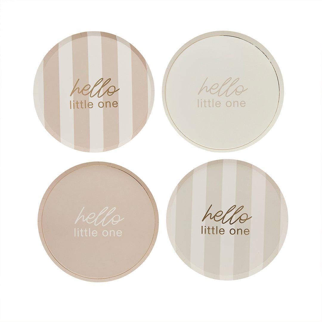 Baby Shower Plates - Hello Little One Gold Script Paper Plates - Gender Neutral Party Supplies - A Little Dream Collection - Beige-Pack of 8 - Jolie Fete UK