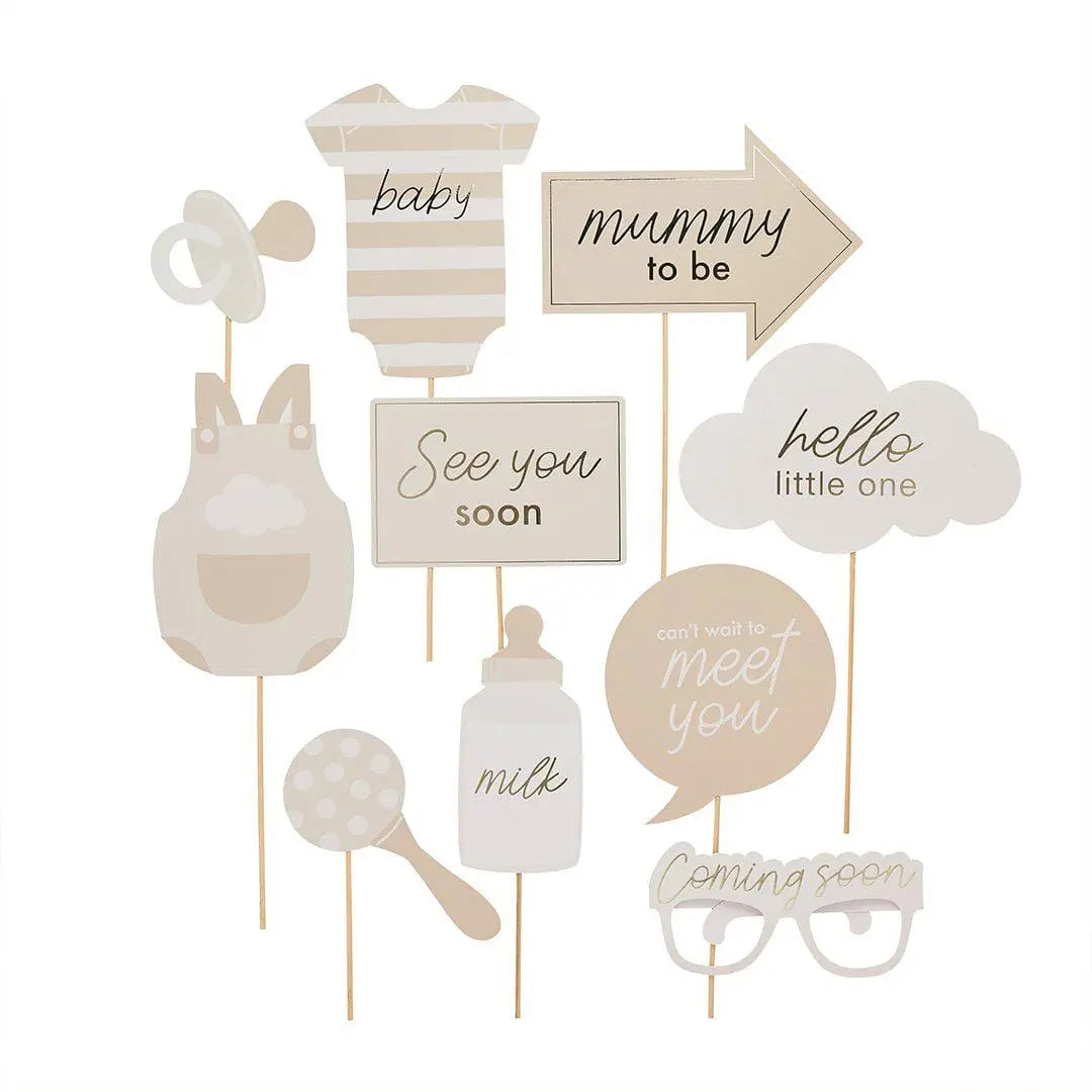 Baby Shower Photo Props - Hello Little One Photo Booth Props - Beige and Cream Gender Neutral - A Little Dream Baby Shower - Pack of 10 - Jolie Fete UK