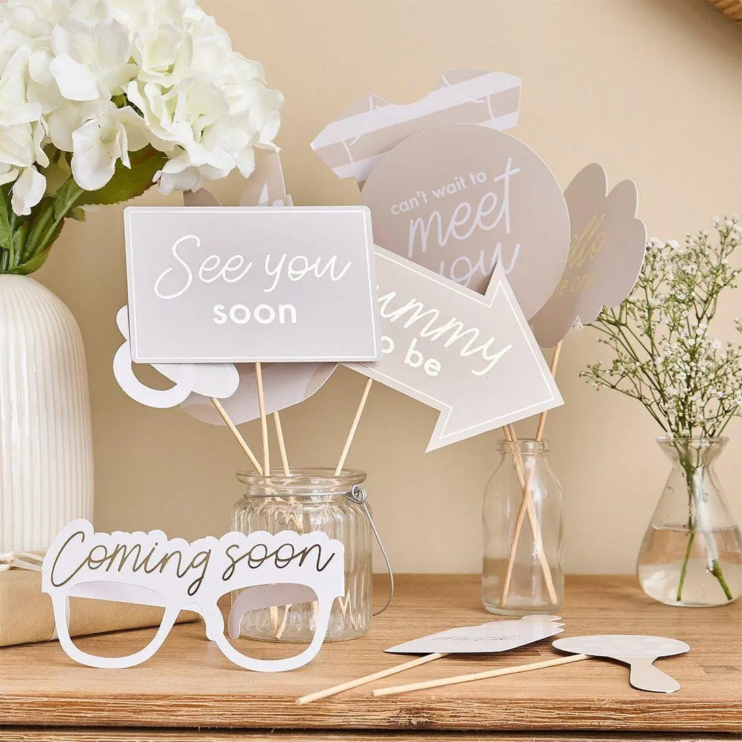 Baby Shower Photo Props - Hello Little One Photo Booth Props - Beige and Cream Gender Neutral - A Little Dream Baby Shower - Pack of 10 - Jolie Fete UK