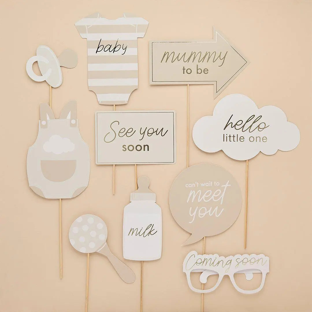 Baby Shower Photo Props - Hello Little One Photo Booth Props - Beige and Cream Gender Neutral - A Little Dream Baby Shower - Pack of 10 - Jolie Fete UK