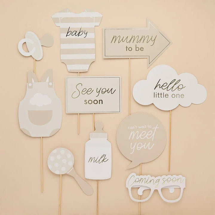 Baby Shower Photo Props - Hello Little One Photo Booth Props - Beige and Cream Gender Neutral - A Little Dream Baby Shower - Pack of 10 - Jolie Fete UK