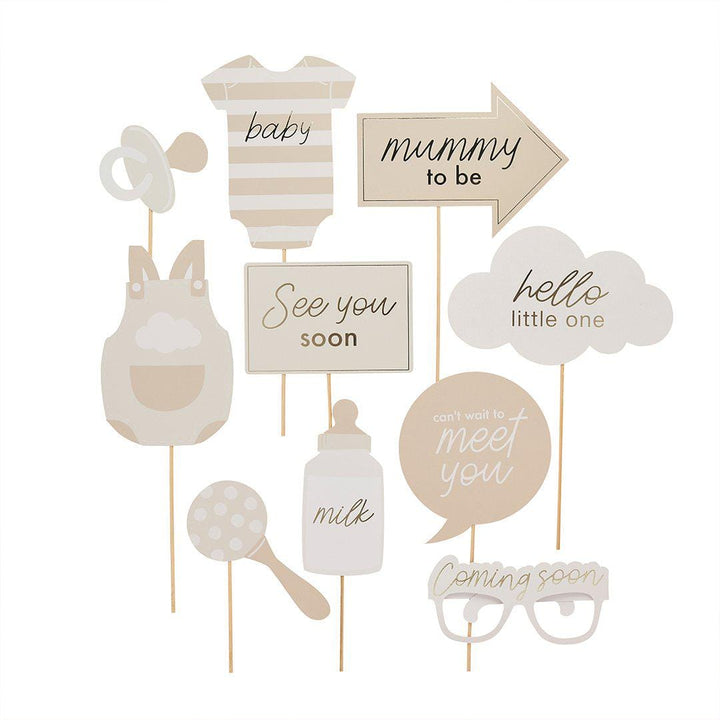 Baby Shower Photo Props - Hello Little One Photo Booth Props - Beige and Cream Gender Neutral - A Little Dream Baby Shower - Pack of 10 - Jolie Fete UK