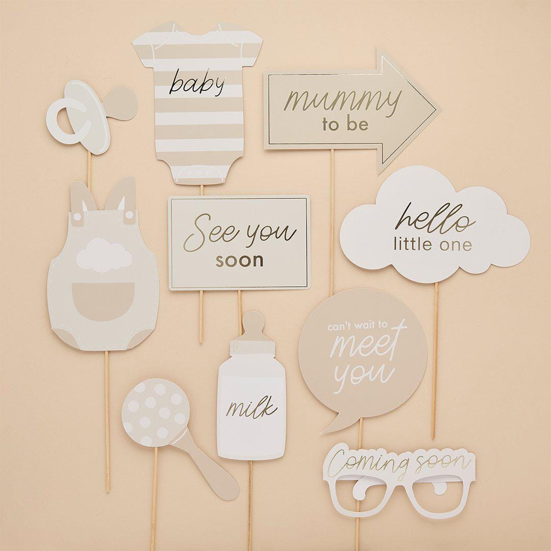 Baby Shower Photo Props - Hello Little One Photo Booth Props - Beige and Cream Gender Neutral - A Little Dream Baby Shower - Pack of 10 - Jolie Fete UK