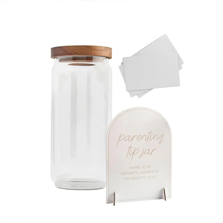 Parenting Tip Jar and Sign - Baby Shower Advice Cards - Neutral Beige and Cream - Glass and Wood - Guest Book Alternative - Keepsake Jar - Jolie Fete UK