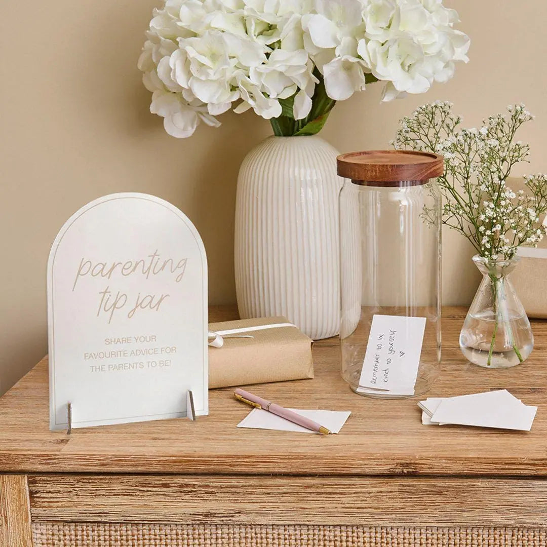 Parenting Tip Jar and Sign - Baby Shower Advice Cards - Neutral Beige and Cream - Glass and Wood - Guest Book Alternative - Keepsake Jar - Jolie Fete UK