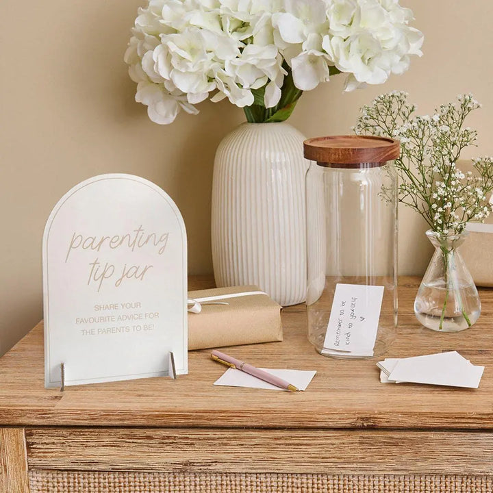 Parenting Tip Jar and Sign - Baby Shower Advice Cards - Neutral Beige and Cream - Glass and Wood - Guest Book Alternative - Keepsake Jar - Jolie Fete UK